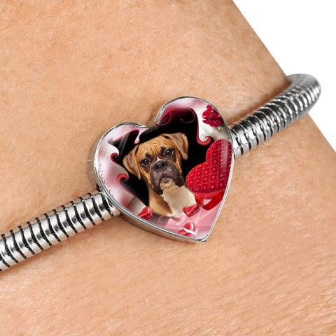 Boxer Dog Print Heart Charm Steel Bracelet