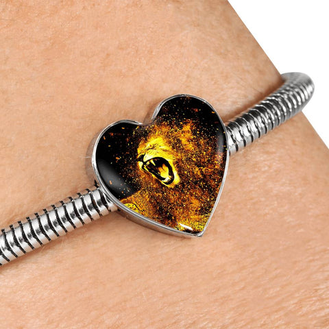 Roaring Lion Art Print Heart Charm Steel Bracelet
