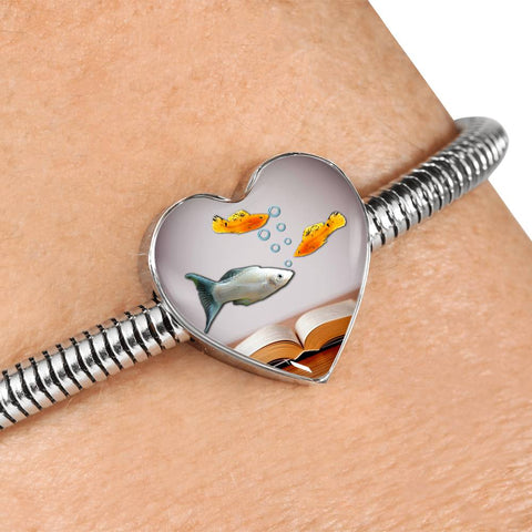 Mollies Fish Print Heart Charm Steel Bracelet