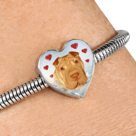 Shar Pei Print Heart Charm Steel Bracelet