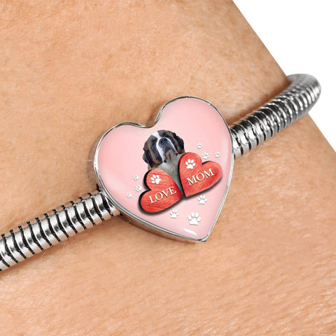 St. Bernard Dog Print Heart Charm Steel Bracelet