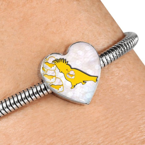 Cockatoo Parrot Art Print Heart Charm Steel Bracelet