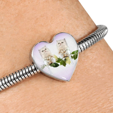 White Persian Cat Print Heart Charm Steel Bracelet