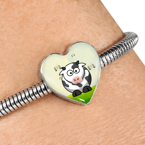 Cute Cow With Butterfly Print Heart Charm Steel Bracelet