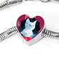 Cute White Kitten Cat Print Heart Charm Steel Bracelet