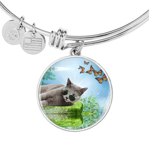 Russian Blue Cat Print Circle Pendant Luxury Bangle