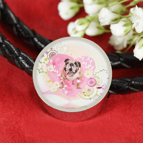 Bulldog Print Circle Charm Leather Bracelet