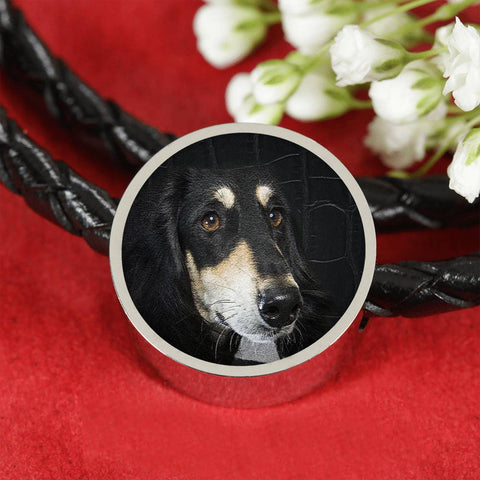 Black Saluki Dog Print Circle Charm Leather Bracelet