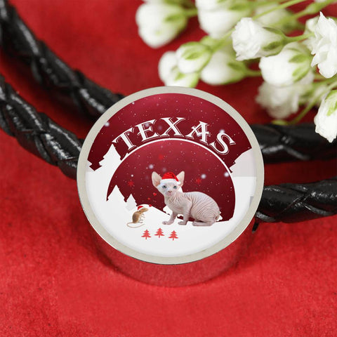 Sphynx Cat Print Circle Charm Leather Bracelet