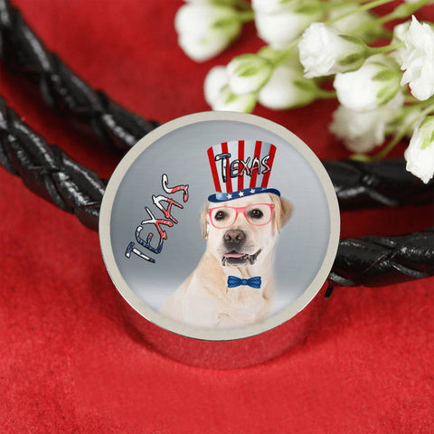 Labrador Retriever Texas Print Circle Charm Leather Bracelet