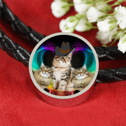 Siberian Cat Print Circle Charm Leather Bracelet