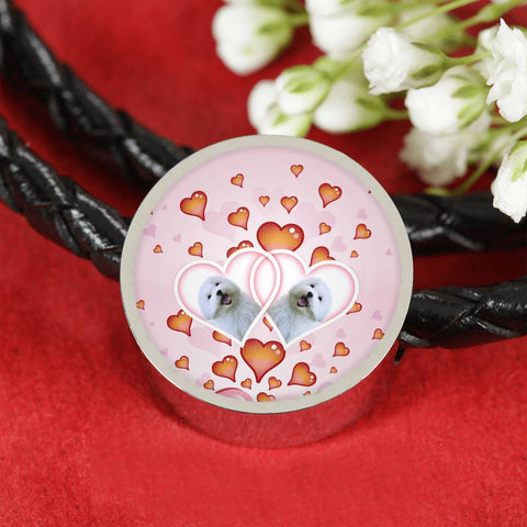 Maltese Dog Print Circle Charm Leather Bracelet