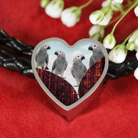 African Grey Parrot Print Heart Charm Leather Woven Bracelet