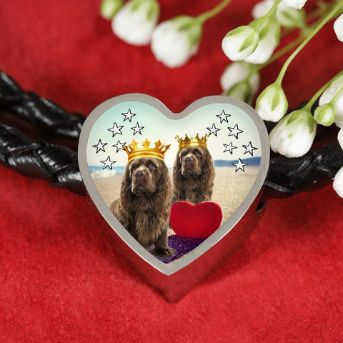 Sussex Spaniel Print Heart Charm Braided Bracelet