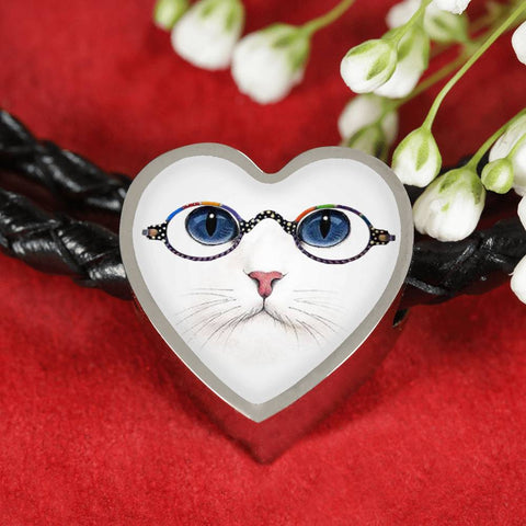 Cute Cat With Glasses Print Heart Charm Leather Bracelet