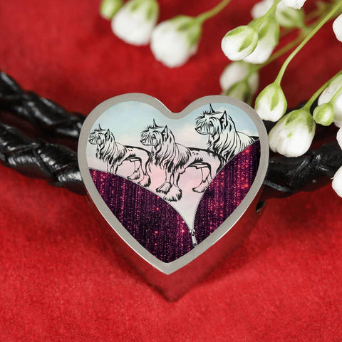 Chinese Crested Dog Art Print Heart Charm Leather Woven Bracelet