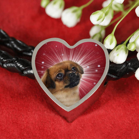 Tibetan Spaniel Dog Print Heart Charm Leather Bracelet