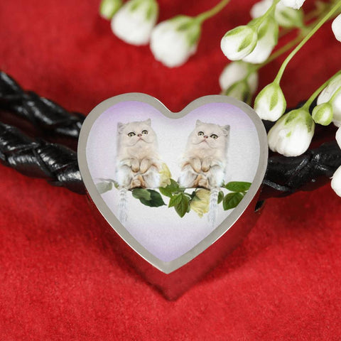 White Persian Cat Print Heart Charm Leather Bracelet