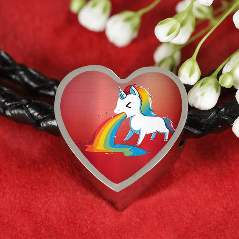 Unicorn Rainbow Print Heart Charm Leather Bracelet