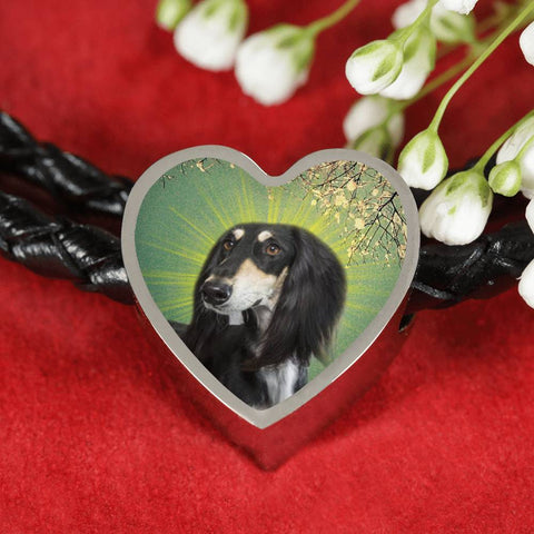 Black Saluki Dog Print Heart Charm Leather Bracelet