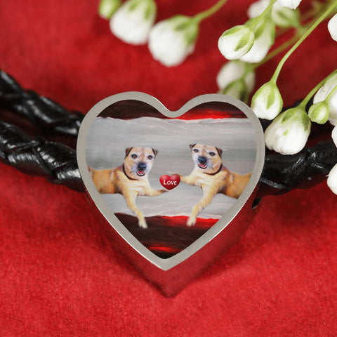 Border Terrier Print Heart Charm Leather Bracelet