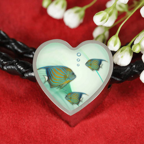 Angelfish Print Heart Charm Leather Bracelet