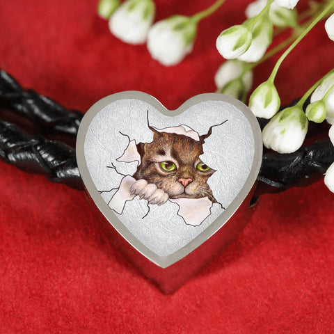 Amazing Cat Art Print Heart Charm Leather Woven Bracelet