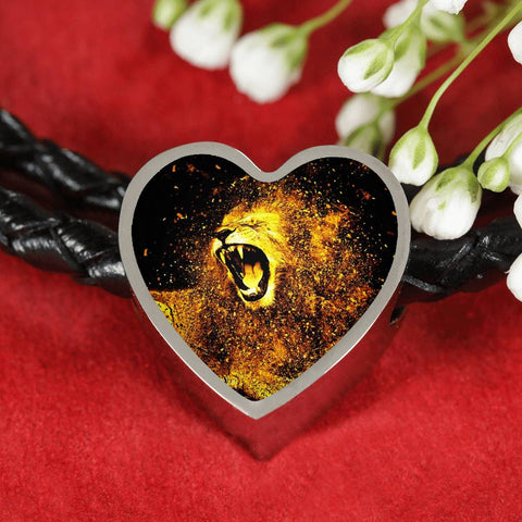 Roaring Lion Art Print Heart Charm Leather Woven Bracelet