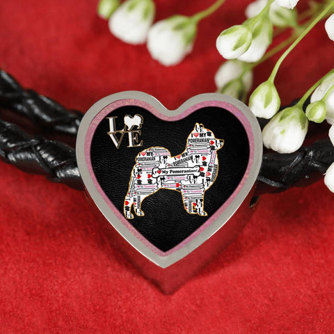 Pomeranian Dog Love Print Heart Charm Leather Woven Bracelet