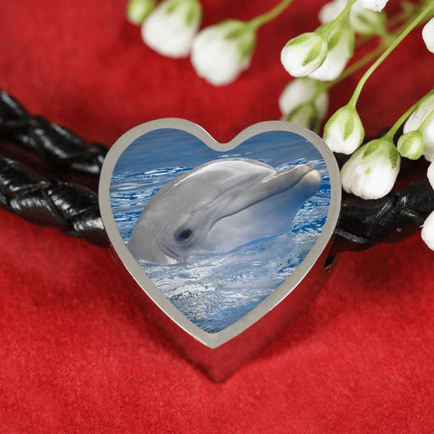 Cute Dolphin Print Heart Charm Leather Bracelet