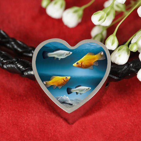 Common Molly Fish Print Heart Charm Leather Woven Bracelet