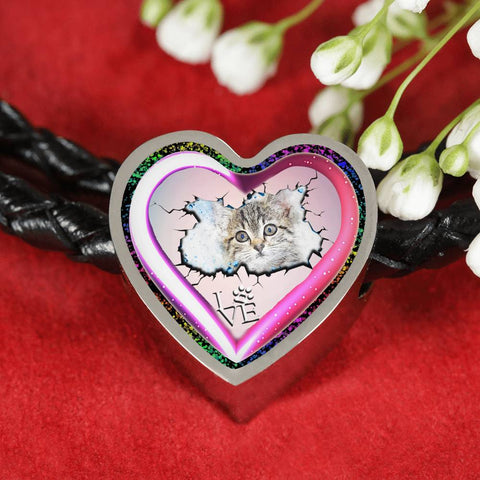 Cute Painted Cat Print Heart Charm Leather Woven Bracelet