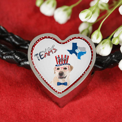 Labrador Retriever Texas Print Heart Charm Leather Bracelet