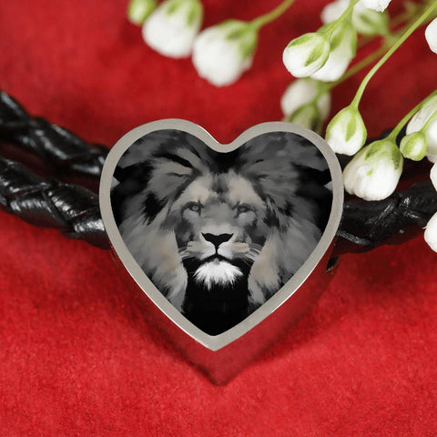Lion Grey Art Print Heart Charm Leather Woven Bracelet