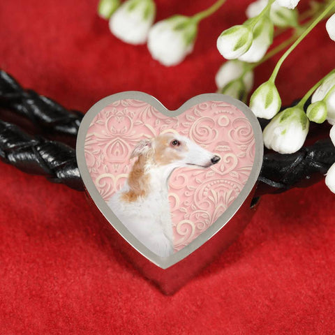 Borzoi Dog Print Heart Charm Leather Bracelet