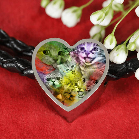 Happy Cats Print Heart Charm Leather Bracelet