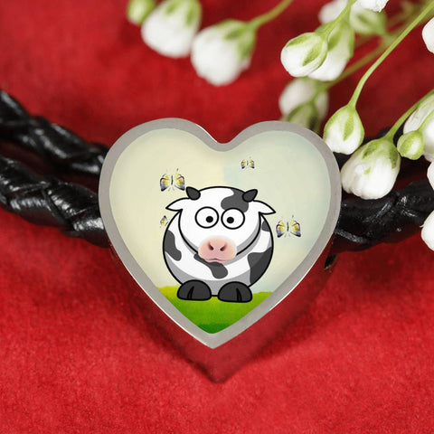 Cute Cow With Butterfly Print Heart Charm Leather Bracelet