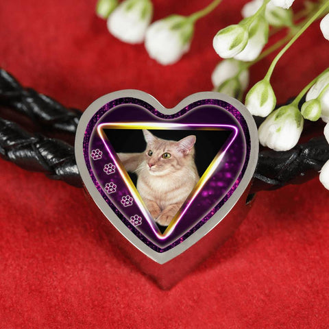 Javanese Cat Print Heart Charm Leather Woven Bracelet