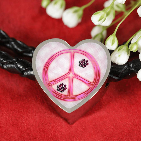 Peace Sign With Paws Print Heart Charm Leather Woven Bracelet