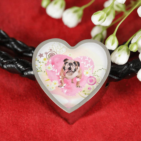 Bulldog Print Heart Charm Leather Bracelet