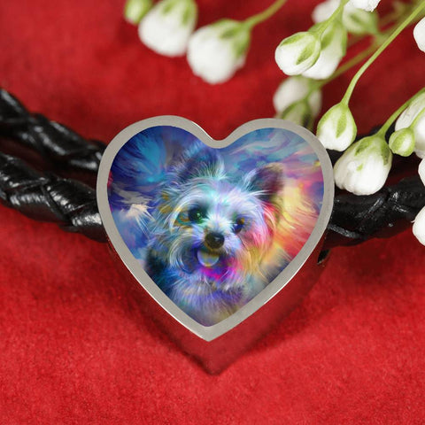 Yorkie Art Print Heart Charm Leather Bracelet