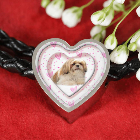 Shih Tzu Dog Print Heart Charm Leather Bracelet