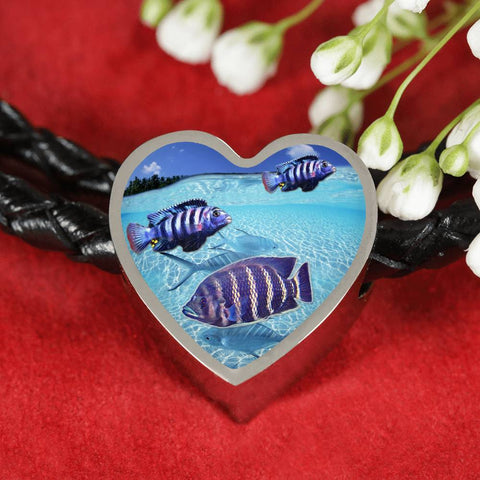 Afra Cichlid Fish Print Heart Charm Leather Woven Bracelet