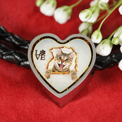 Lovely Bengal Cat Print Heart Charm Leather Woven Bracelet