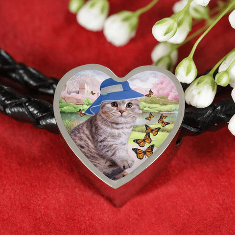 Scottish Fold Cat Print Heart Charm Leather Bracelet