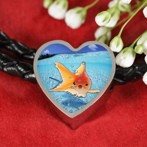 Comet Fish Print Heart Charm Leather Bracelet