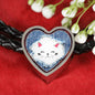 Cute Cat In Denim Print Heart Charm Leather Woven Bracelet