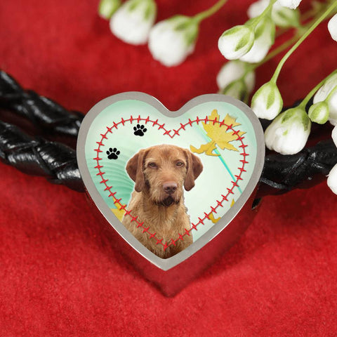 Wirehaired Vizsla Print Heart Charm Braided Bracelet