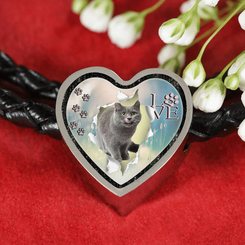 Lovely Korat Cat Print Heart Charm Leather Woven Bracelet