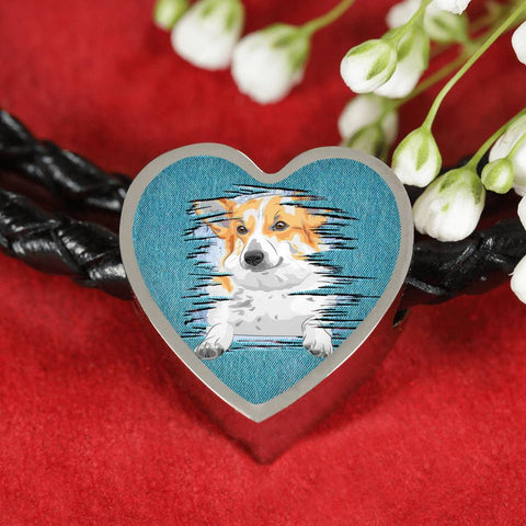 Pembroke Welsh Corgi Dog Art Print Heart Charm Leather Woven Bracelet